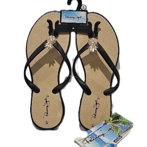 Panama Jack Shoes - New PANAMA JACK BLACK W GOLD PINEAPPLE ACCENT THONG SLIP ON SANDALS 9